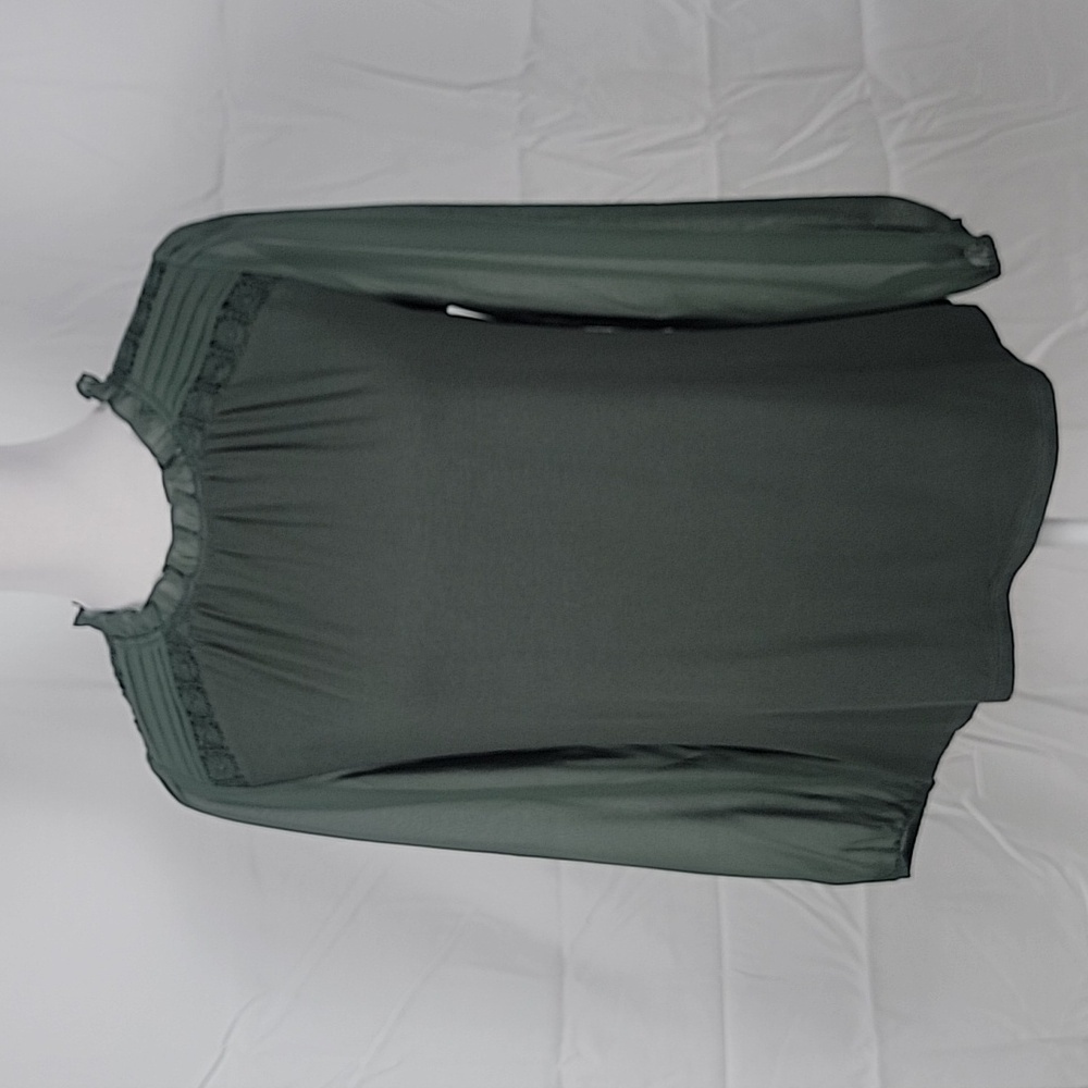 Daniel Rainn Size PS Dark Mossy Green Sheer Sleeve Blouse, Ruffle Neckline, NWT